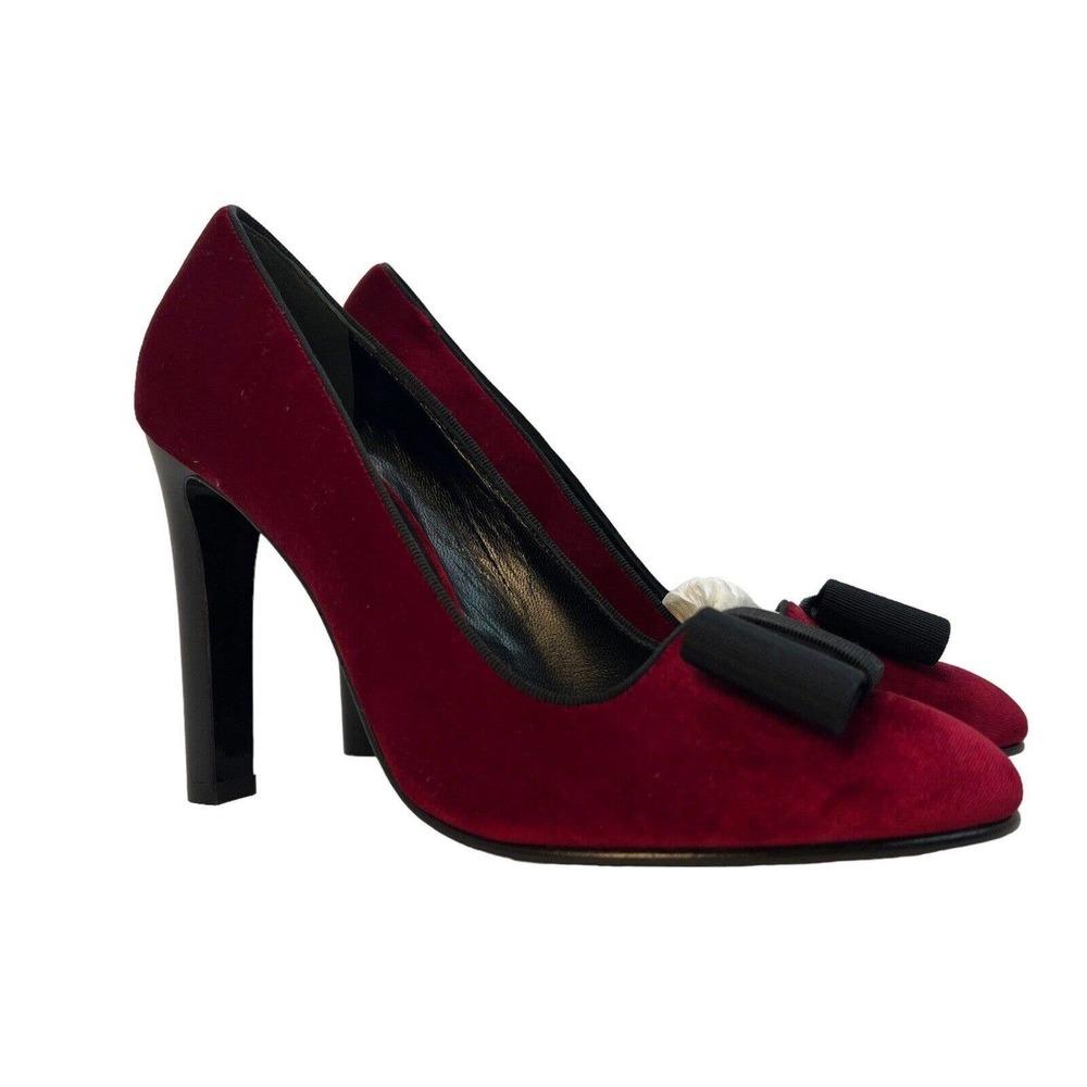 Ralph Lauren Purple Label Mallorie Crimson Red Velvet & Black Bow Pump Size 38.5